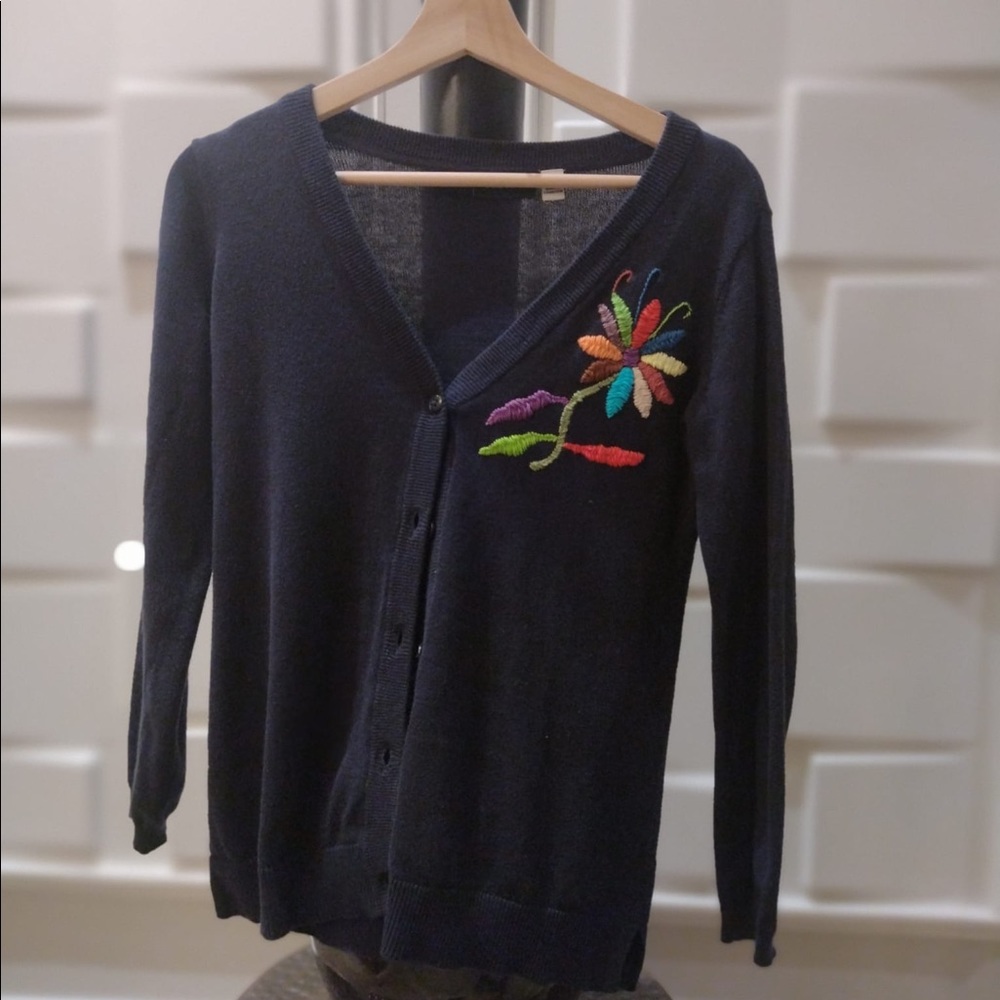 Girls Navy Cardigan Hand Embroidered Size L 10/12